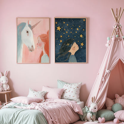 collection of kids wall art featuring unicorn illustration in light wooden frame and girl dreaming of stars on blue background