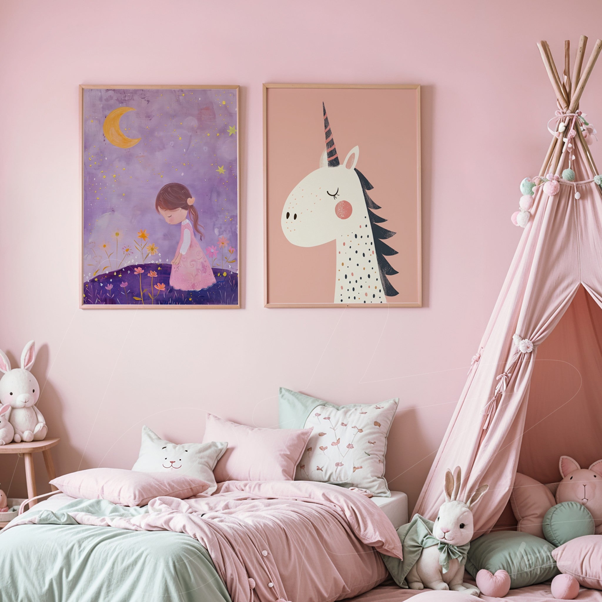 set of two children’s wall art pieces, one featuring a girl on a purple background and the other of a unicorn on a pink background, displayed in a light pink room