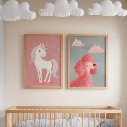composition of two children's wall art featuring a white unicorn on pink background and a pink poodle on blue background, both in light wooden frames