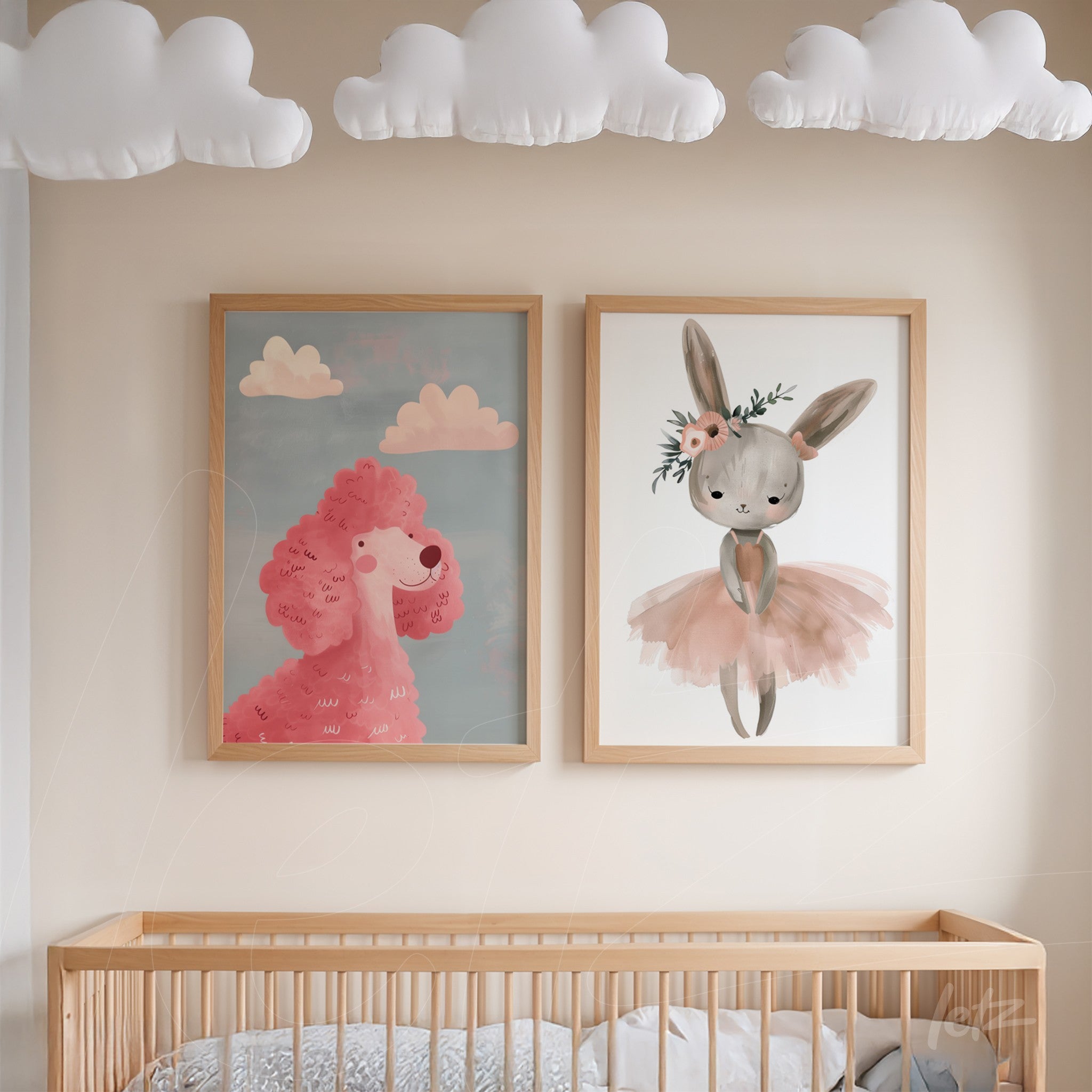 collection of children's wall art featuring a stylized pink poodle and a bunny in a pastel dress framed in light wood, displayed above a crib in a nursery