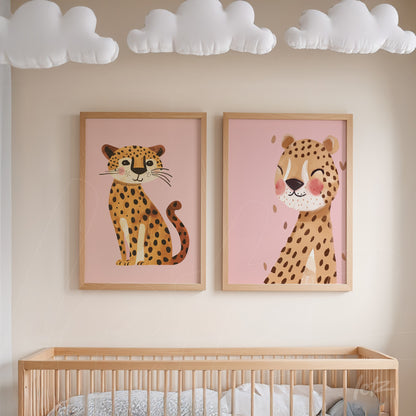 two cute leopard illustrations in light wood frames against a pink background in a playful style