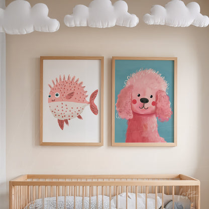 framed wall art featuring pink fish illustration and pink poodle in light wood frames on nursery wall