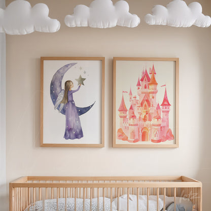 series of framed wall art for children's room featuring a whimsical girl holding a star and a fairy tale castle, both in light wood frames