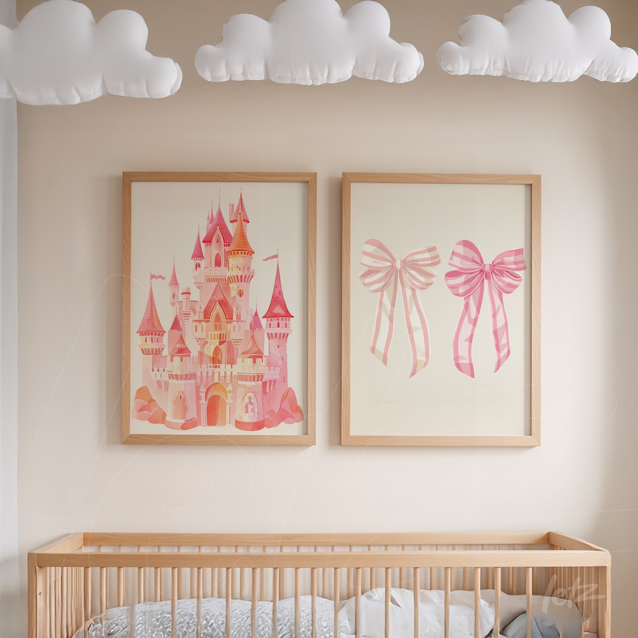 framed wall art composition with pink castle and pink ribbons on neutral background