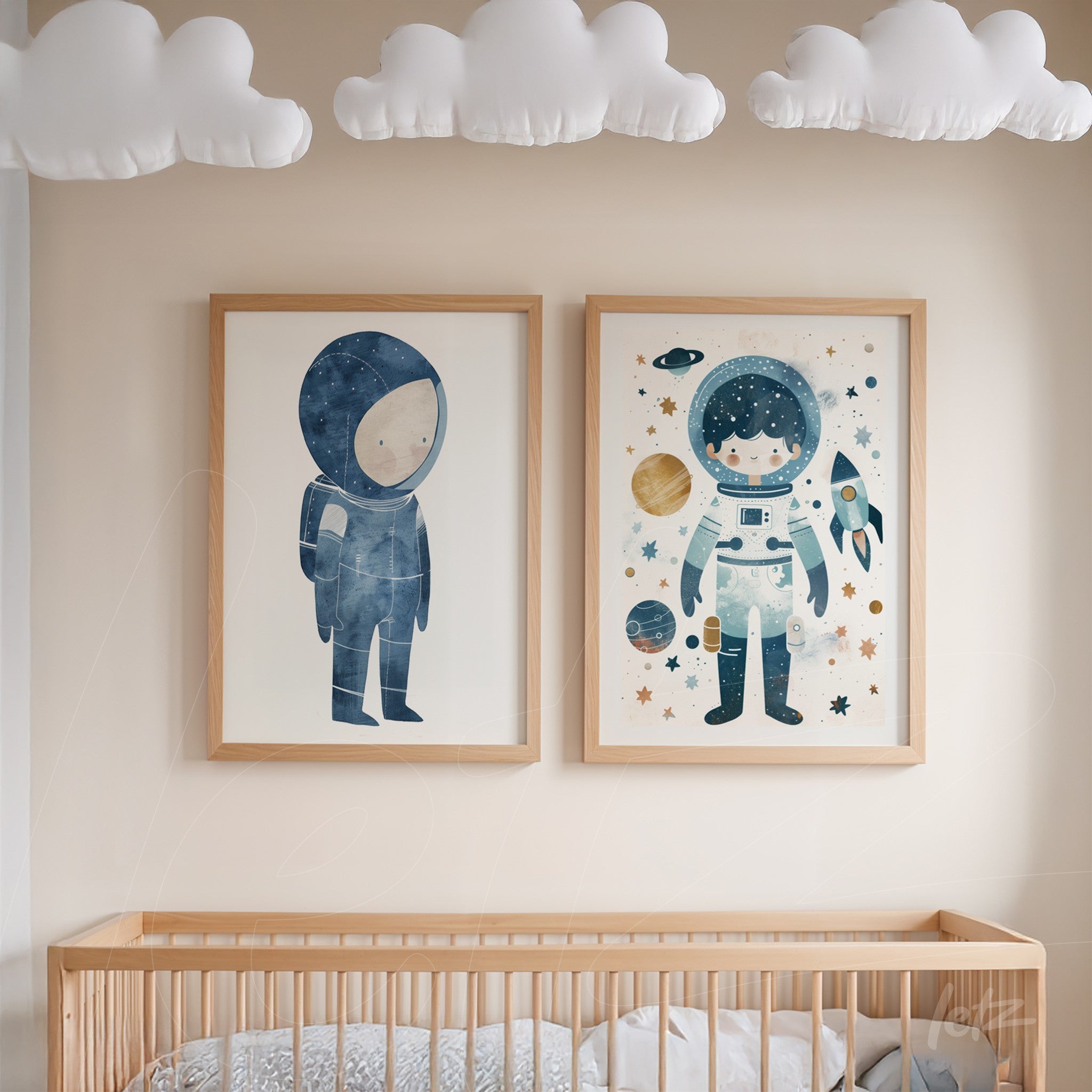 set of children's wall art featuring astronauts in light wood frames on soft neutral wall