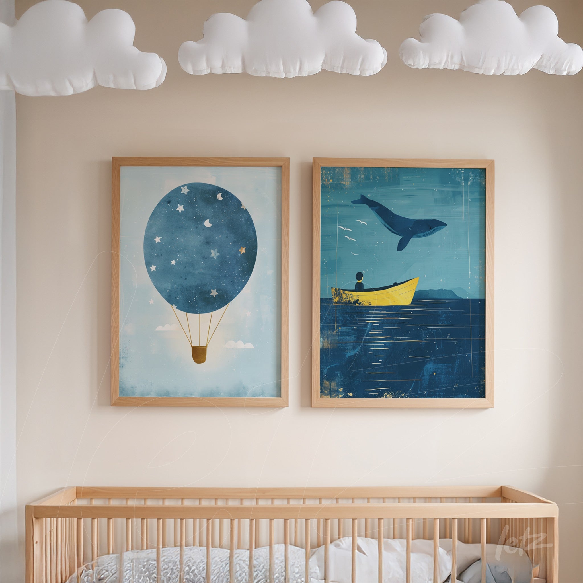 composition of framed illustrations featuring a hot air balloon and a whale in a light wood frame, displayed in a children's room