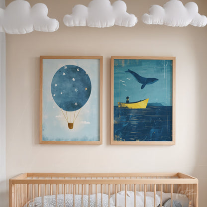composition of framed illustrations featuring a hot air balloon and a whale in a light wood frame, displayed in a children's room
