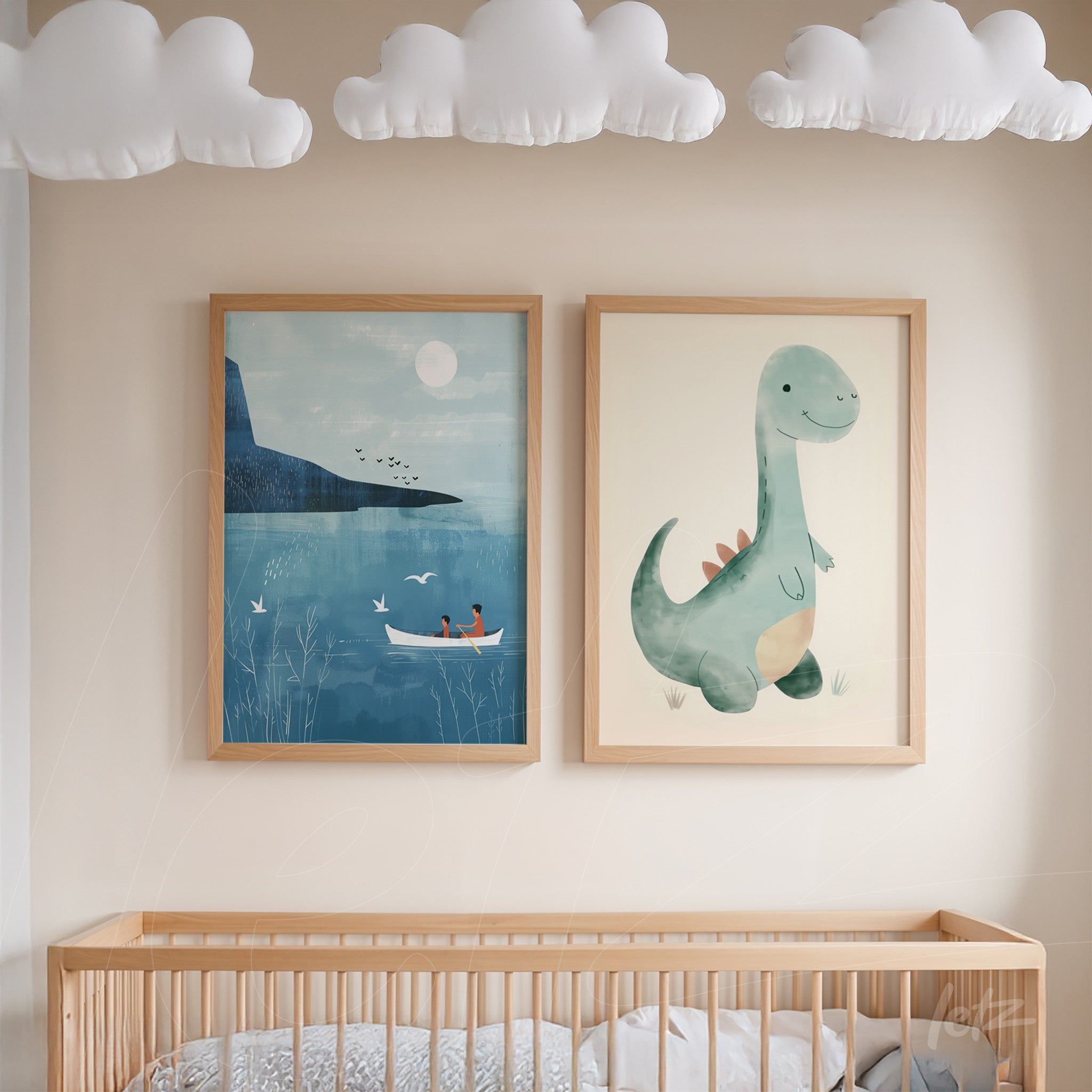 framed artwork featuring a green dinosaur illustration next to blue landscape art with boats in light wooden frames on a neutral wall