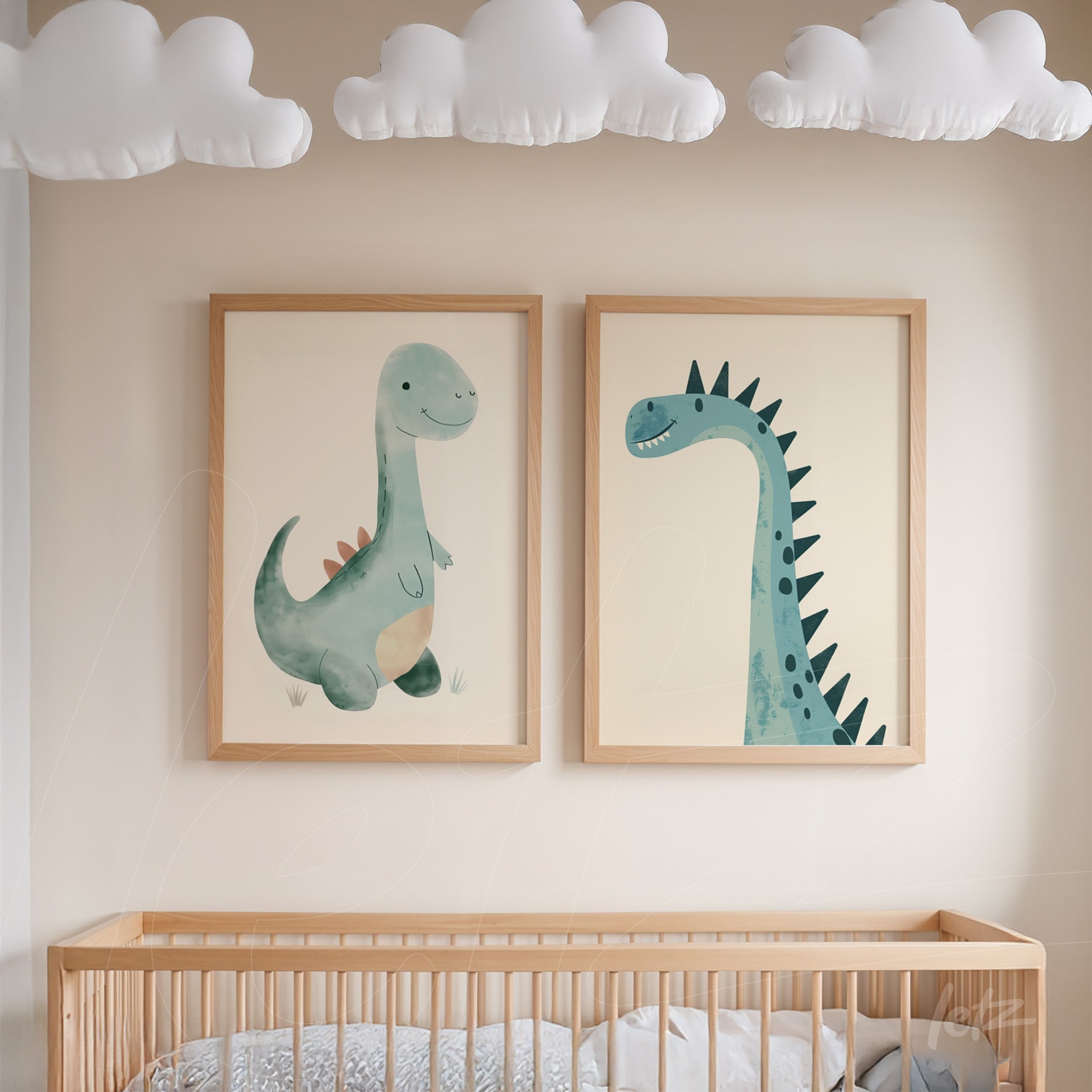 pair of framed dinosaur illustrations in light wood frames displayed in a children's room with paper clouds on the ceiling