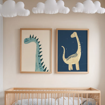 pair of framed dinosaur illustrations in light wood frames on a neutral wall, featuring a green dinosaur on the left and a yellow striped one on the right