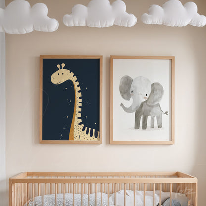 composed artwork featuring children's illustrations of a giraffe and an elephant in light wood frames on a neutral wall