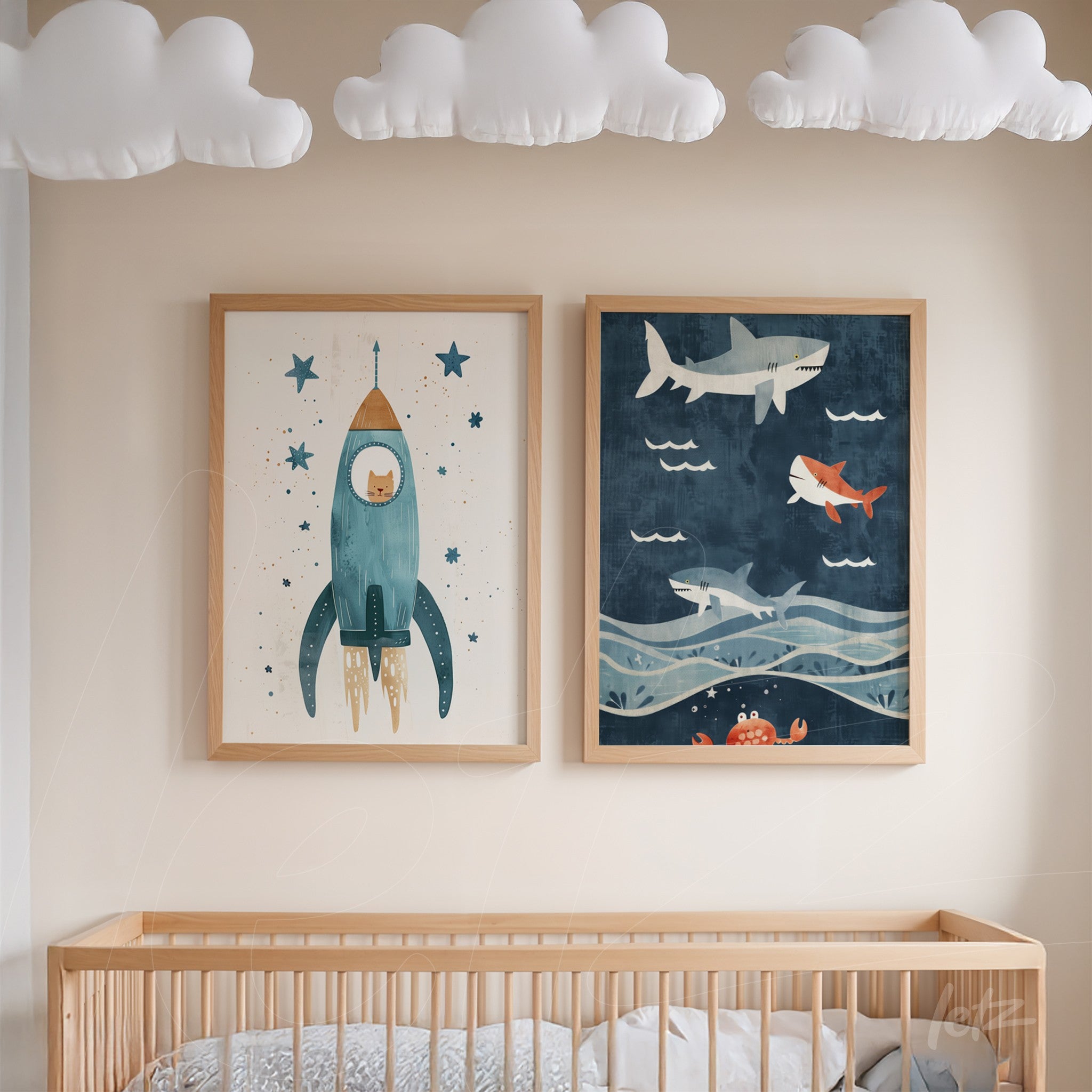 set of children's wall art featuring a blue rocket and sharks in light wood frames on nursery wall