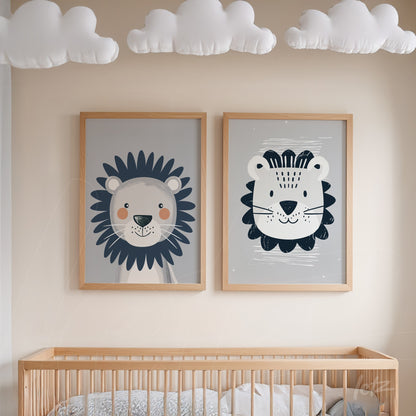 framed wall art featuring playful lion illustrations in light wood frames against a neutral wall