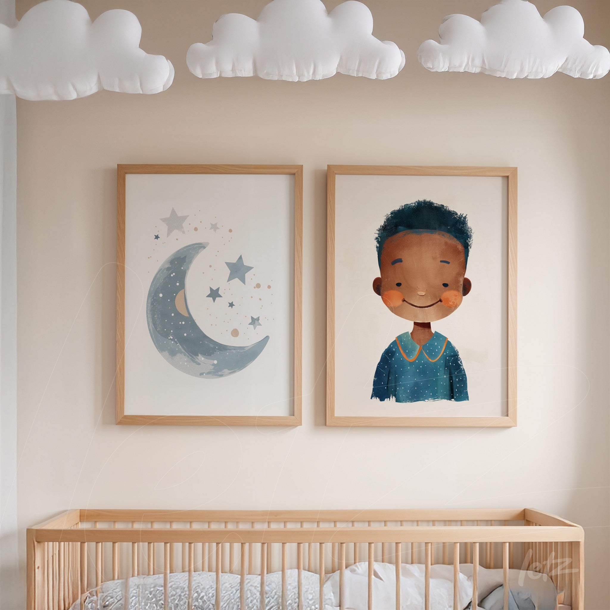 composition of framed wall art in light wood, featuring an illustration of a moon and stars next to a portrait of a smiling boy