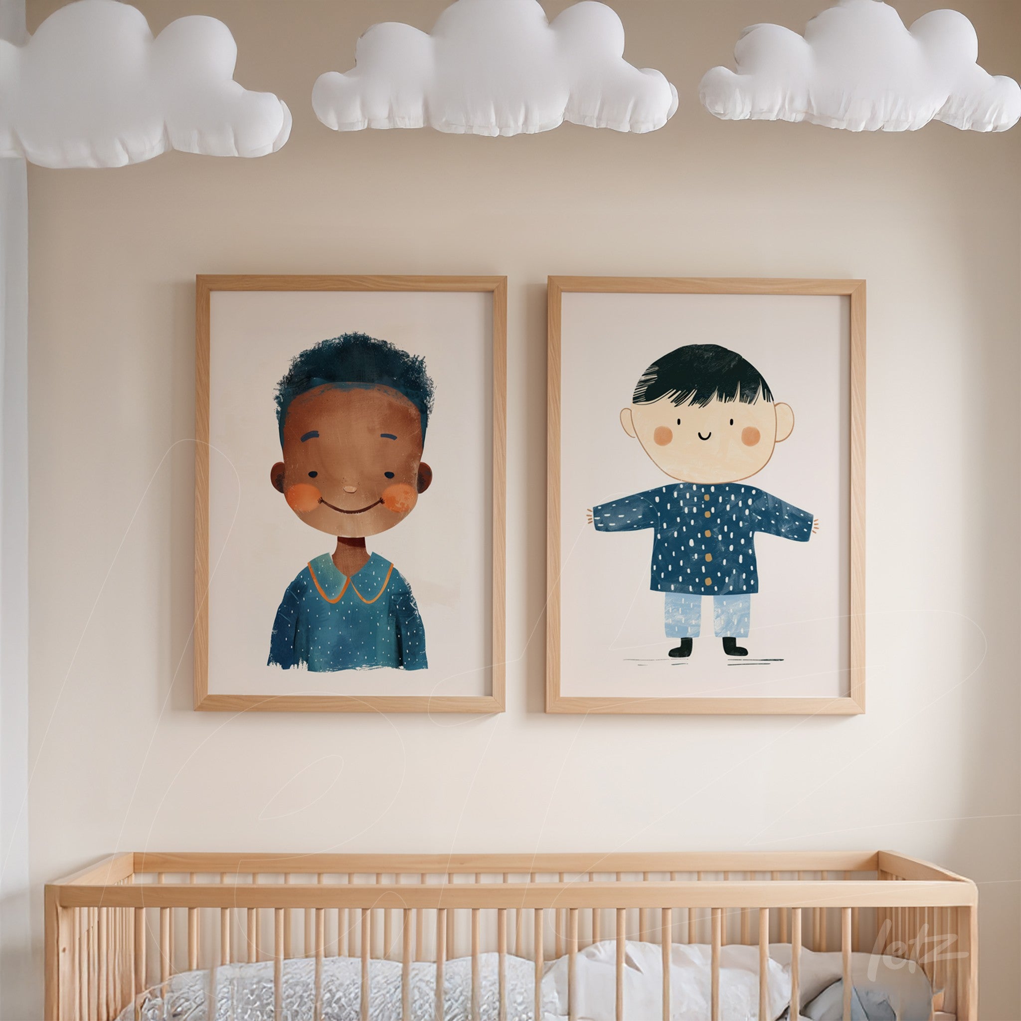 set of decorative framed wall art featuring cheerful illustrations of children in light wooden frames