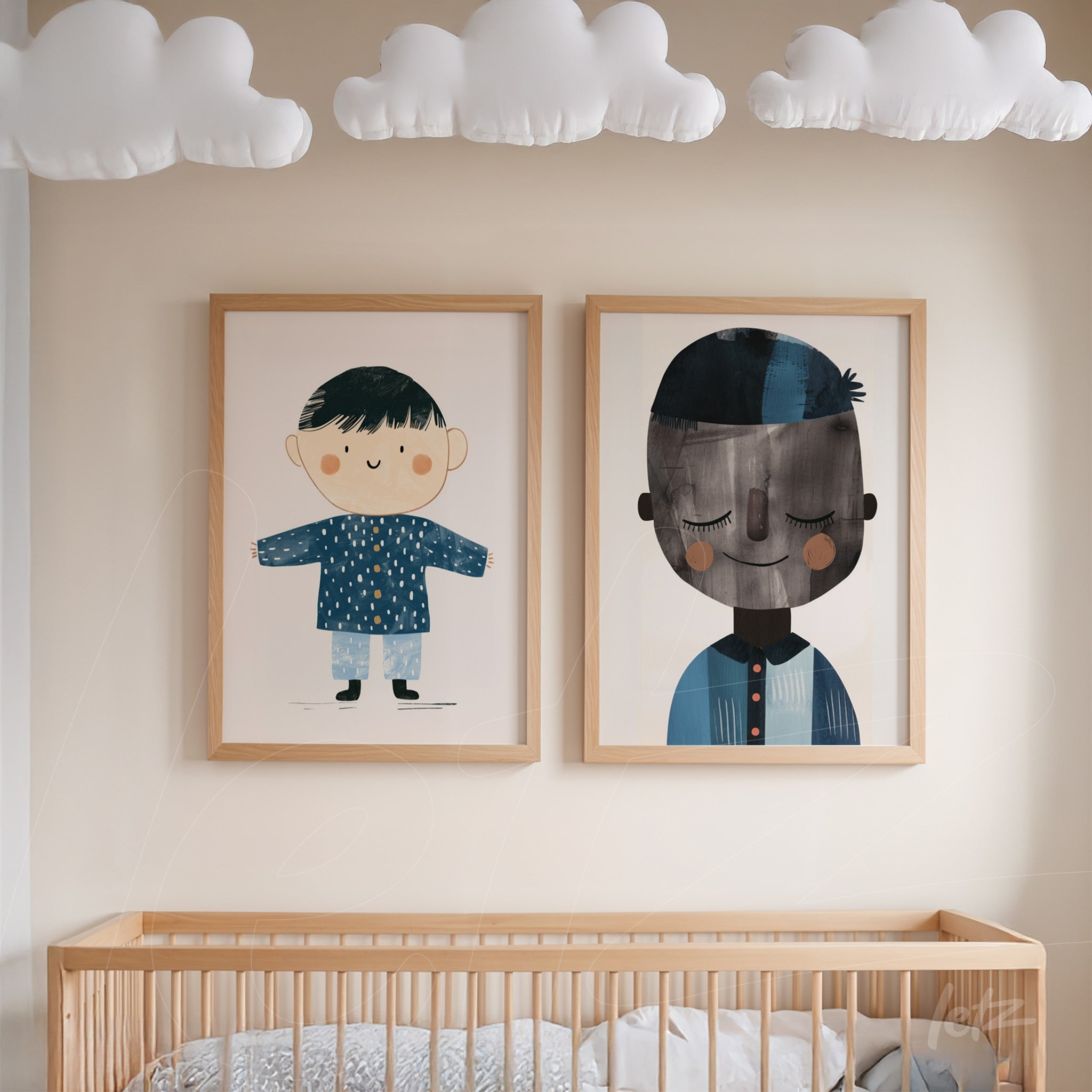 set of framed children's illustrations featuring a smiling boy in a blue outfit and a character with closed eyes, displayed above a crib in a cozy nursery