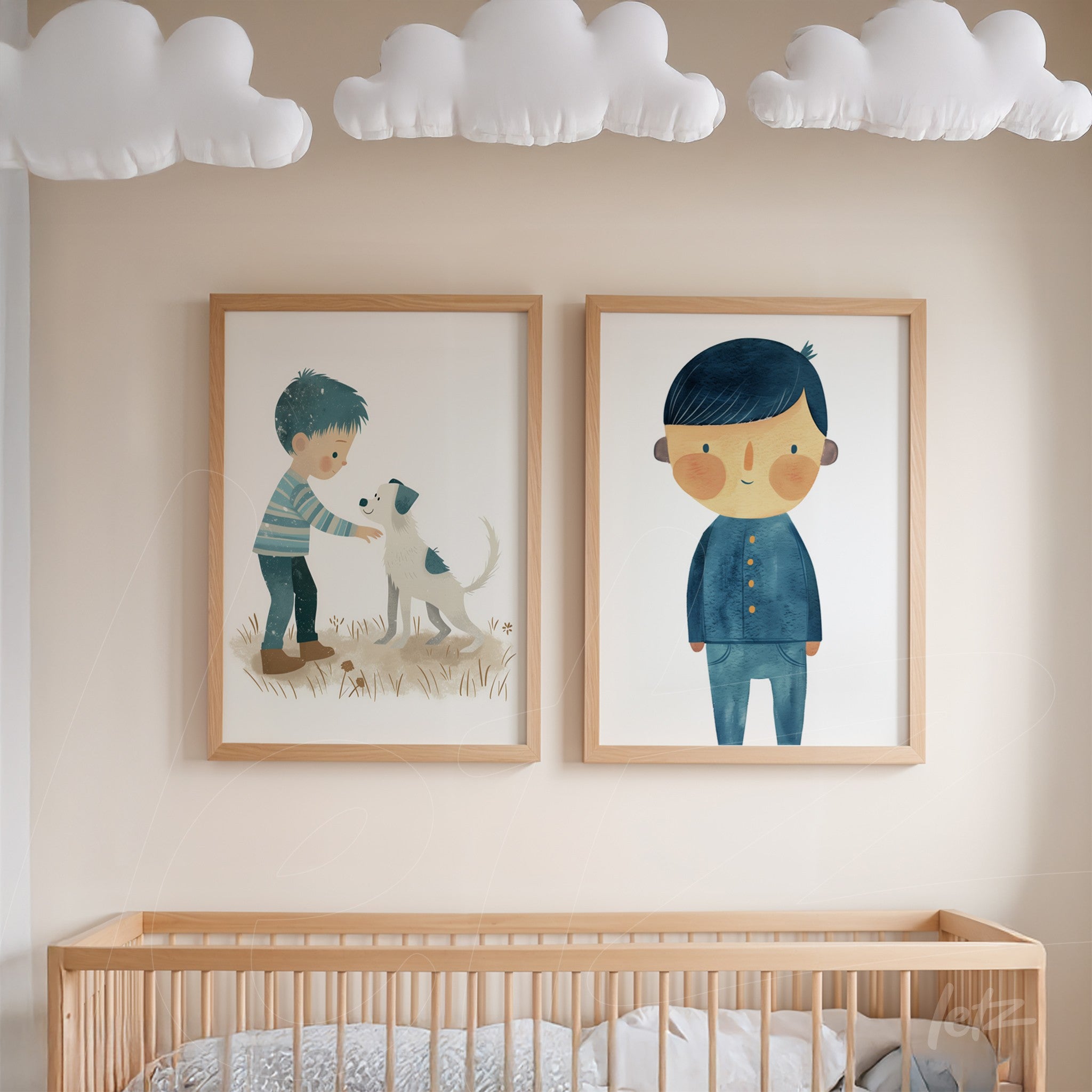 a pair of framed illustrations featuring a child playing with a dog and another with a blue-haired boy in light wood frames