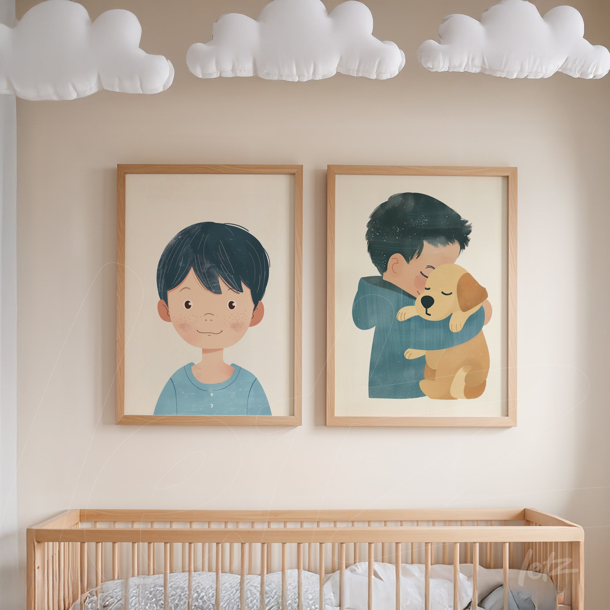 collection of framed illustrations depicting a child and a puppy in light wood frame, displayed on a neutral wall
