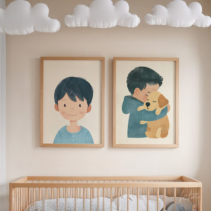 collection of framed illustrations depicting a child and a puppy in light wood frame, displayed on a neutral wall