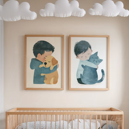 composition featuring two illustrations of children hugging animals in light wood frames on beige wall