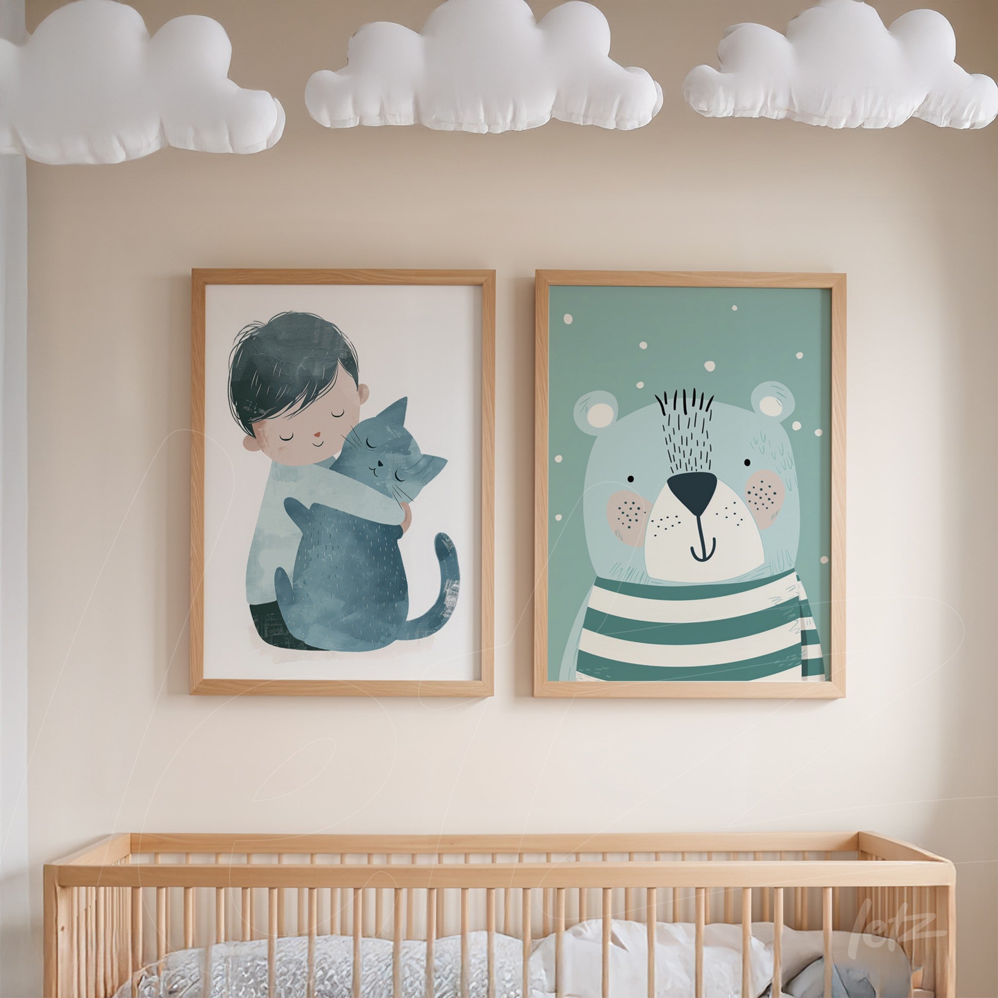 set of nursery wall art featuring a boy hugging a cat and a striped bear illustration in light frame