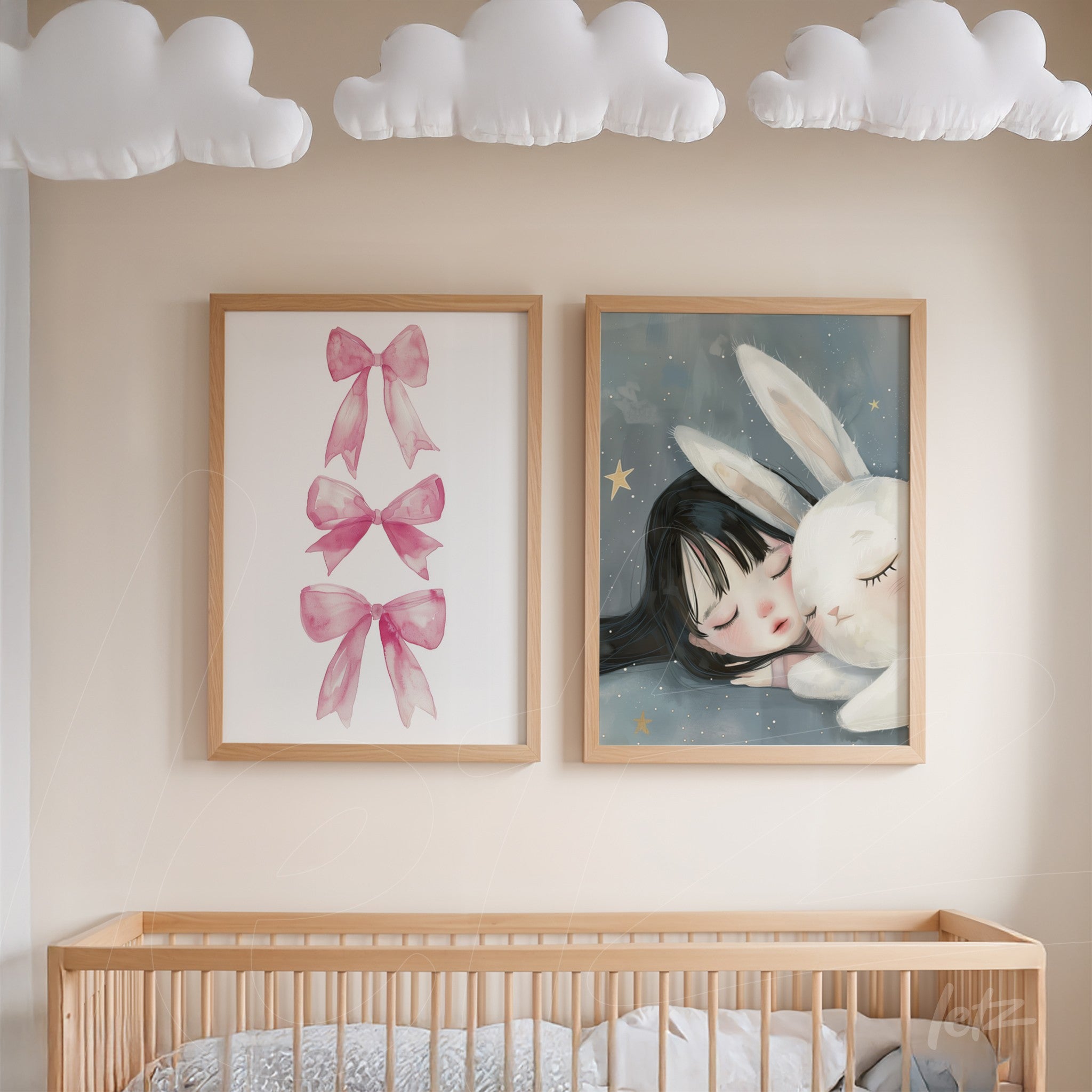 framed wall art composition with pink bows and illustration of a girl hugging a rabbit on a blue background