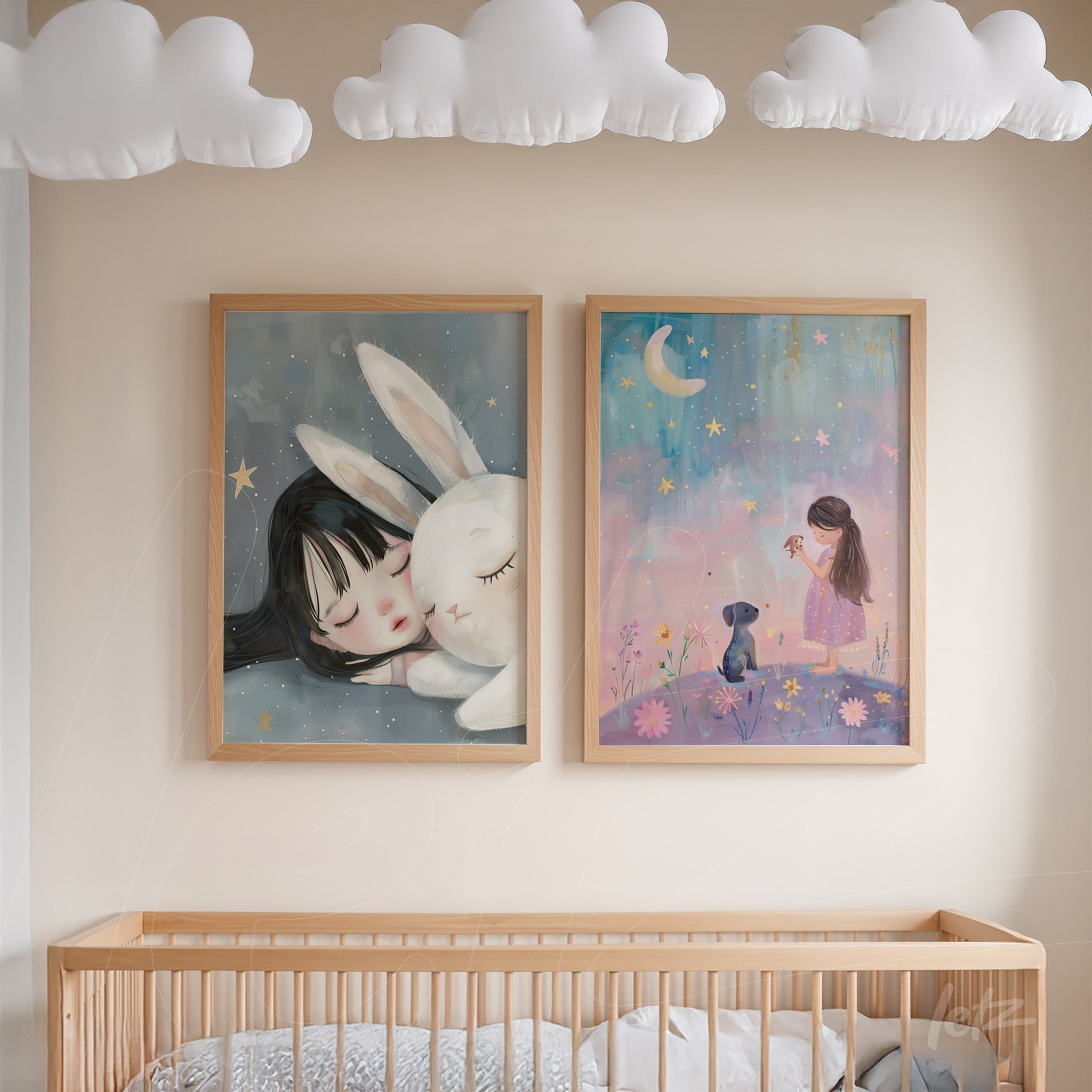 composition of children's framed artwork featuring a sleeping girl and a bunny, displayed in light wooden frames on a neutral wall