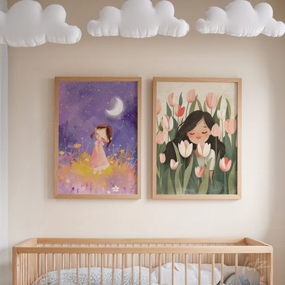 composition with two children's illustrations in light frames, one featuring a girl among flowers under a starry sky and the other a girl with a bouquet of tulips on a light background