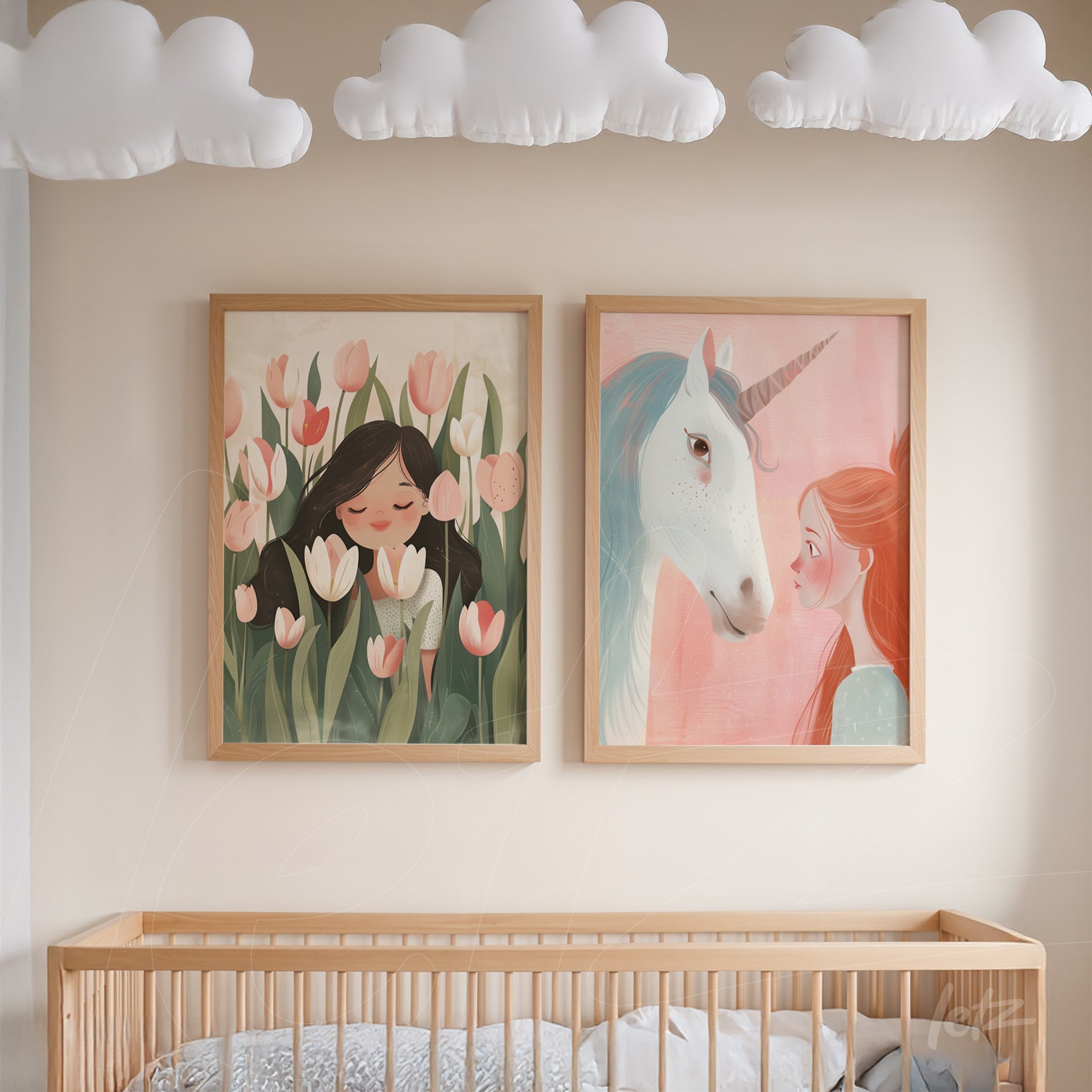 composition of two framed artworks in light wood displayed on a children's room wall, one artwork depicts a girl with white and pink flowers, while the other features a young girl with red hair and a unicorn