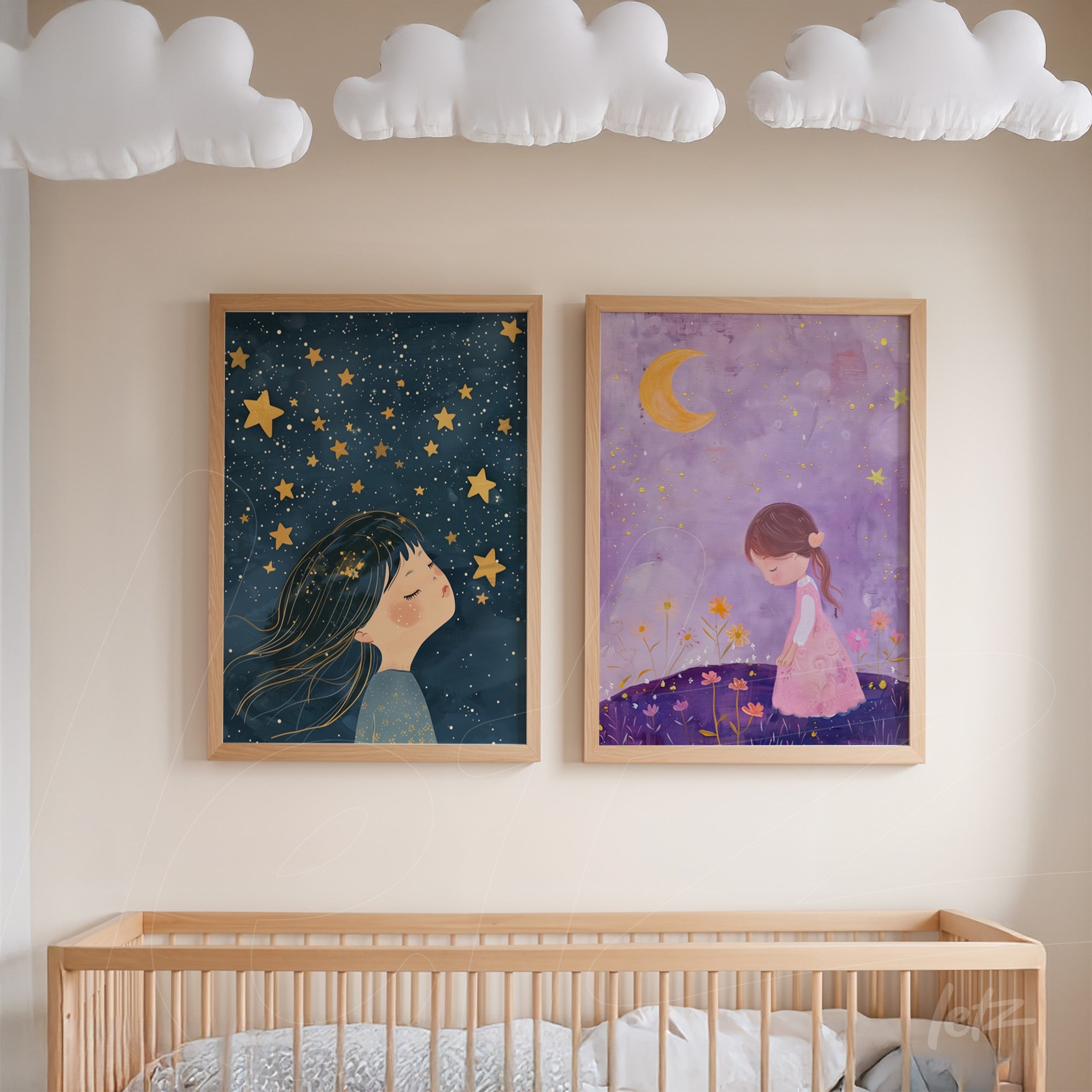 framed wall art composition featuring two illustrations; one of a girl gazing at the starry sky and another of a girl under a crescent moon with a purple background