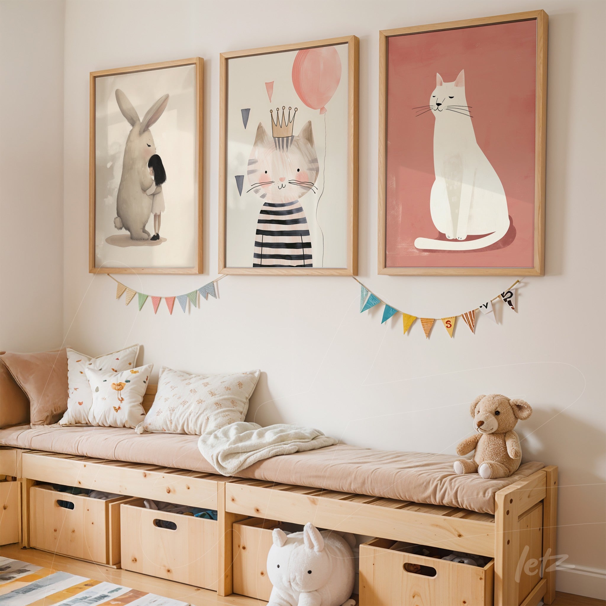 composition of three playful framed artworks in light wood featuring a rabbit, a cat with a crown, and a seated cat displayed on a light wall next to a wooden bench with colorful cushions