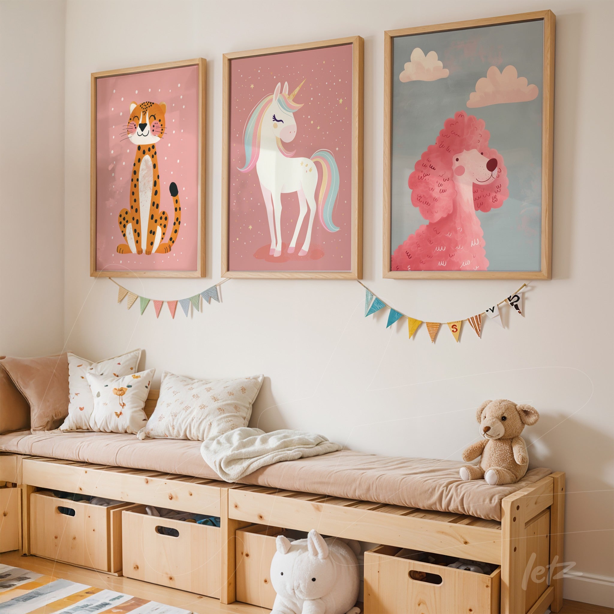 composition of three framed artworks featuring animal illustrations including a leopard, a unicorn, and a poodle, decorating a wall in a children's room with a wooden storage bench in the background