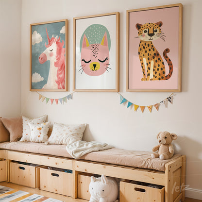 collection of kids' wall art featuring unicorn, cat, and leopard illustrations in light wood frames displayed in a child's room