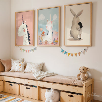 collection of framed illustrations featuring unicorns displayed on a children's bedroom wall