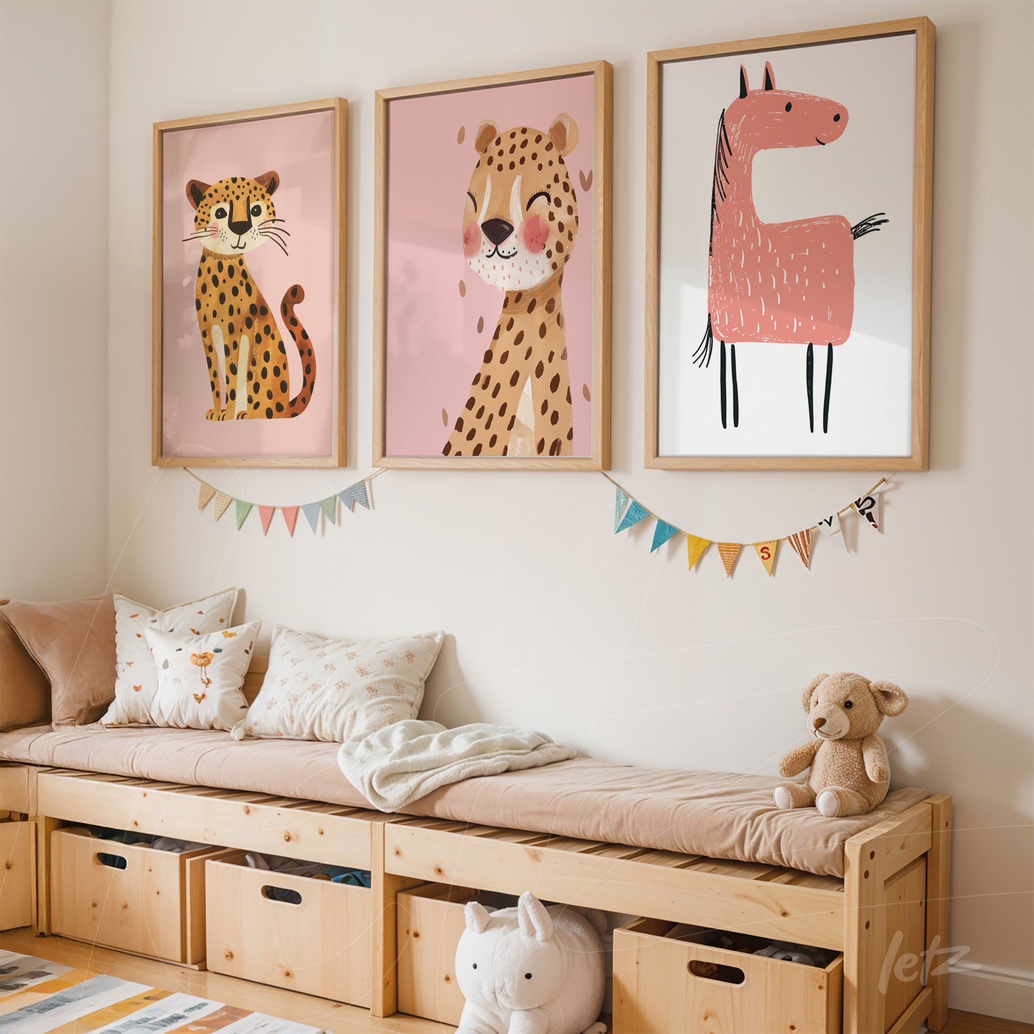 collection of framed wall art featuring playful illustrations of a cat, a jaguar, and a horse on a pink wall with light wood frames