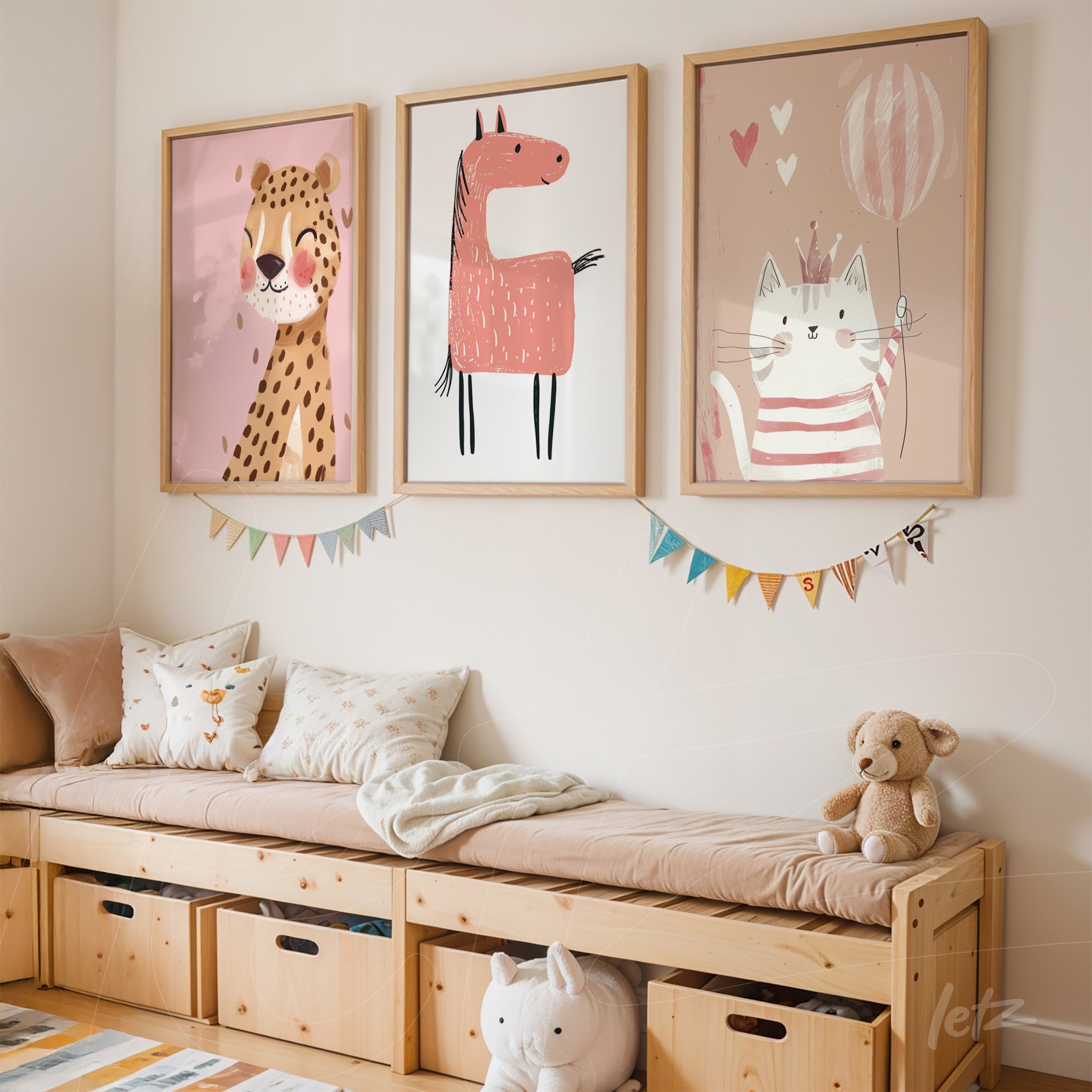 collection of children's wall art featuring illustrations of a leopard, a horse, and a cat in light wooden frames displayed on a light wall above a wooden bench with colorful cushions