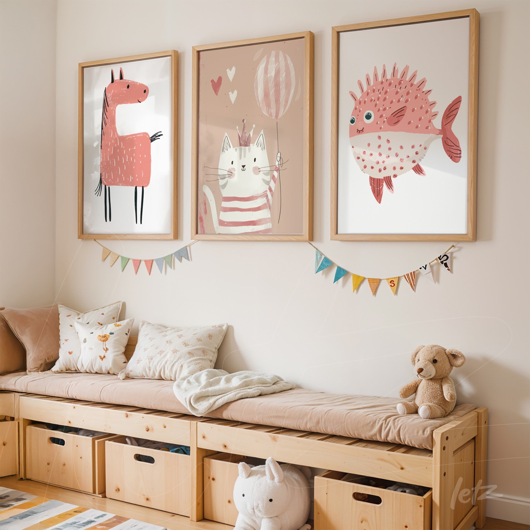 set of three framed illustrations featuring a red horse, a cat with balloons, and a colorful fish in a children's playroom with wooden shelves