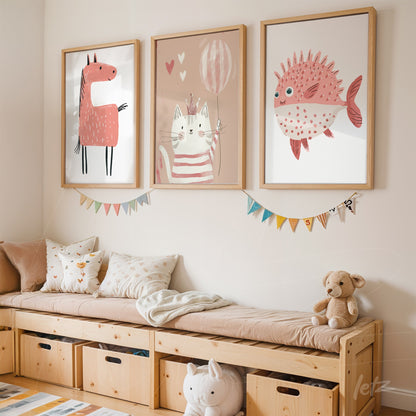 set of three framed illustrations featuring a red horse, a cat with balloons, and a colorful fish in a children's playroom with wooden shelves