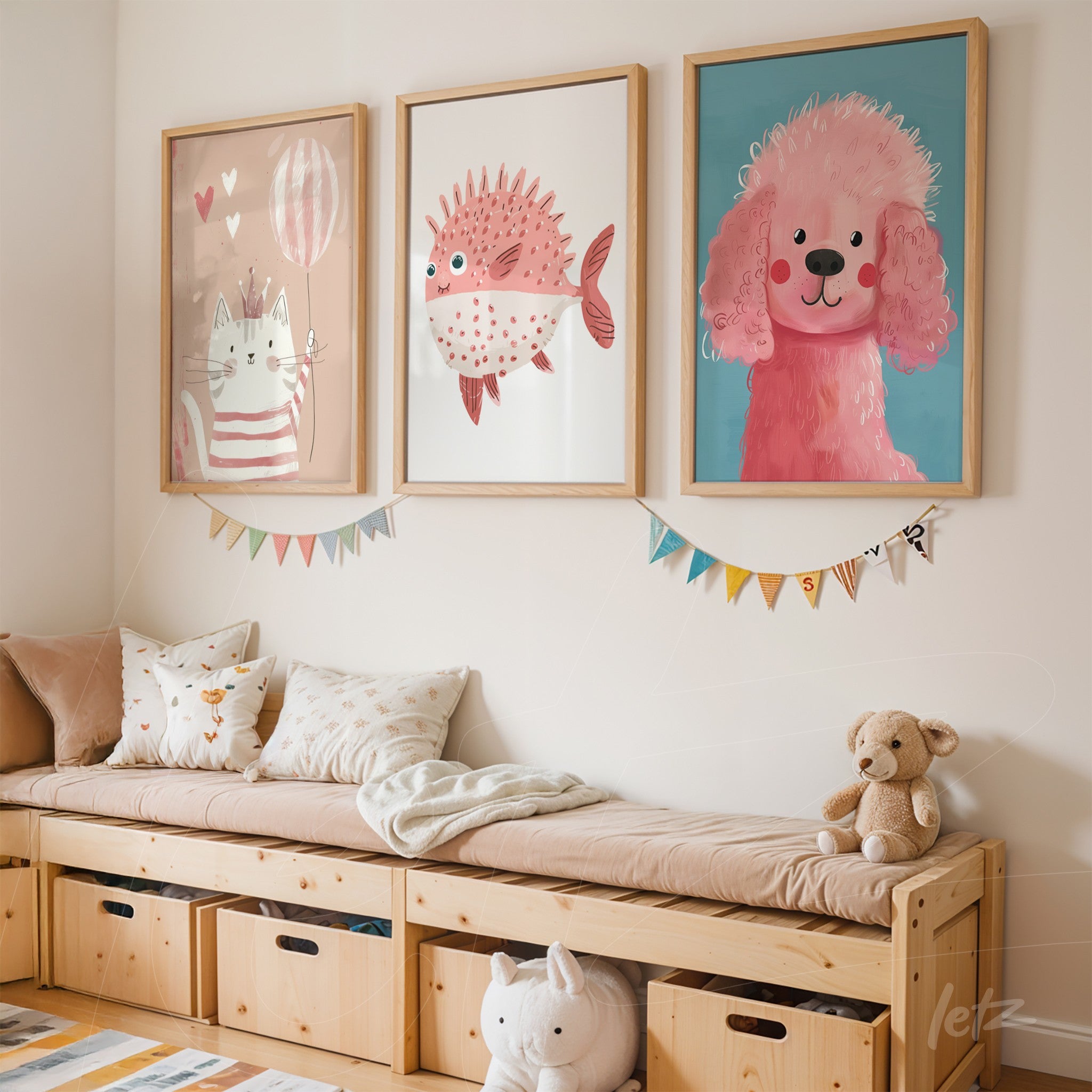 collection of kids' wall art featuring illustrations of a cat, a fish, and a pink dog, framed in light wood