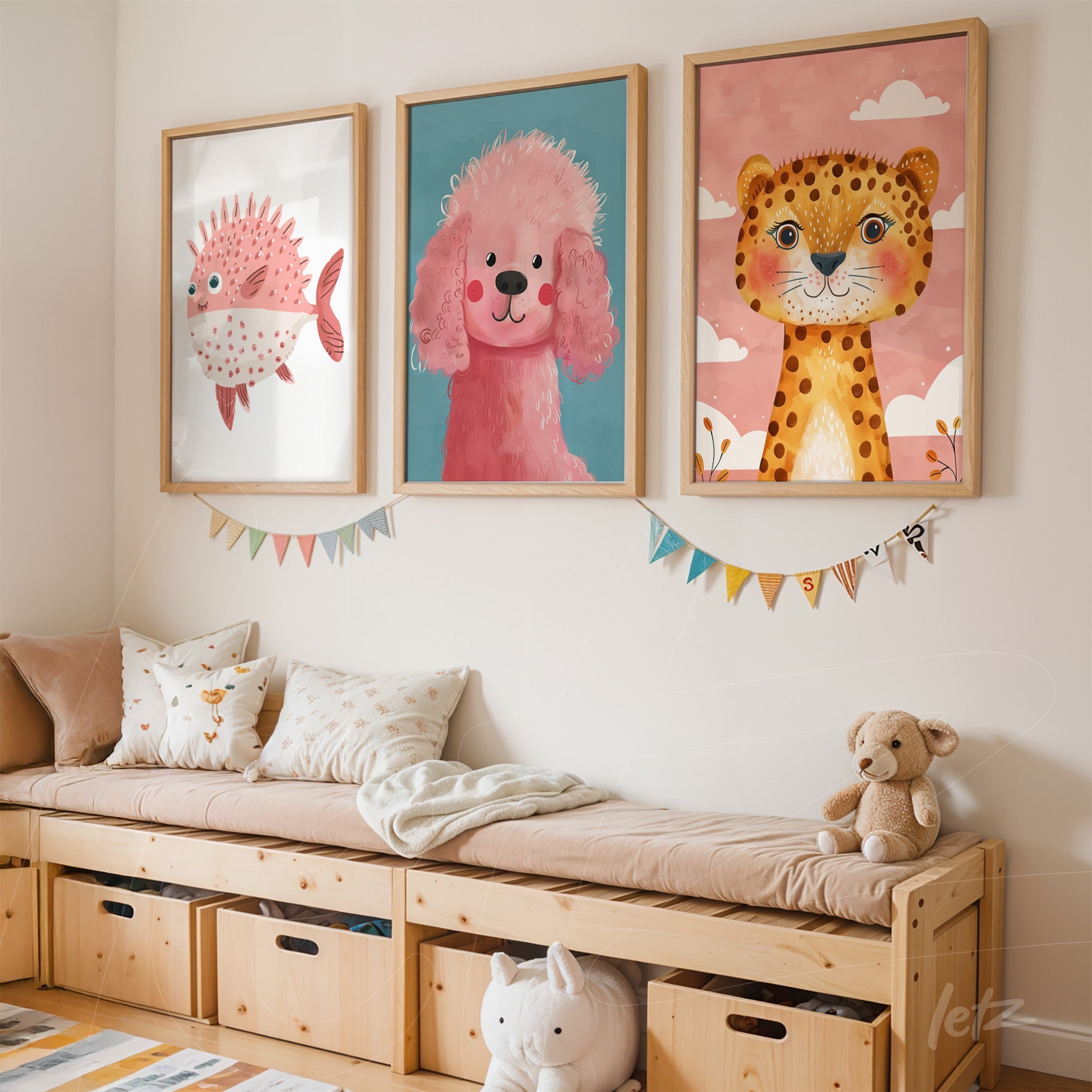 colorful framed wall art composition featuring a fish, a dog, and a leopard in playful styles displayed above a wooden bench with soft pillows