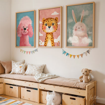 set of decorative wall art featuring illustrations of a pink dog, a leopard, and a bunny in light wooden frames displayed above a wooden bench with storage