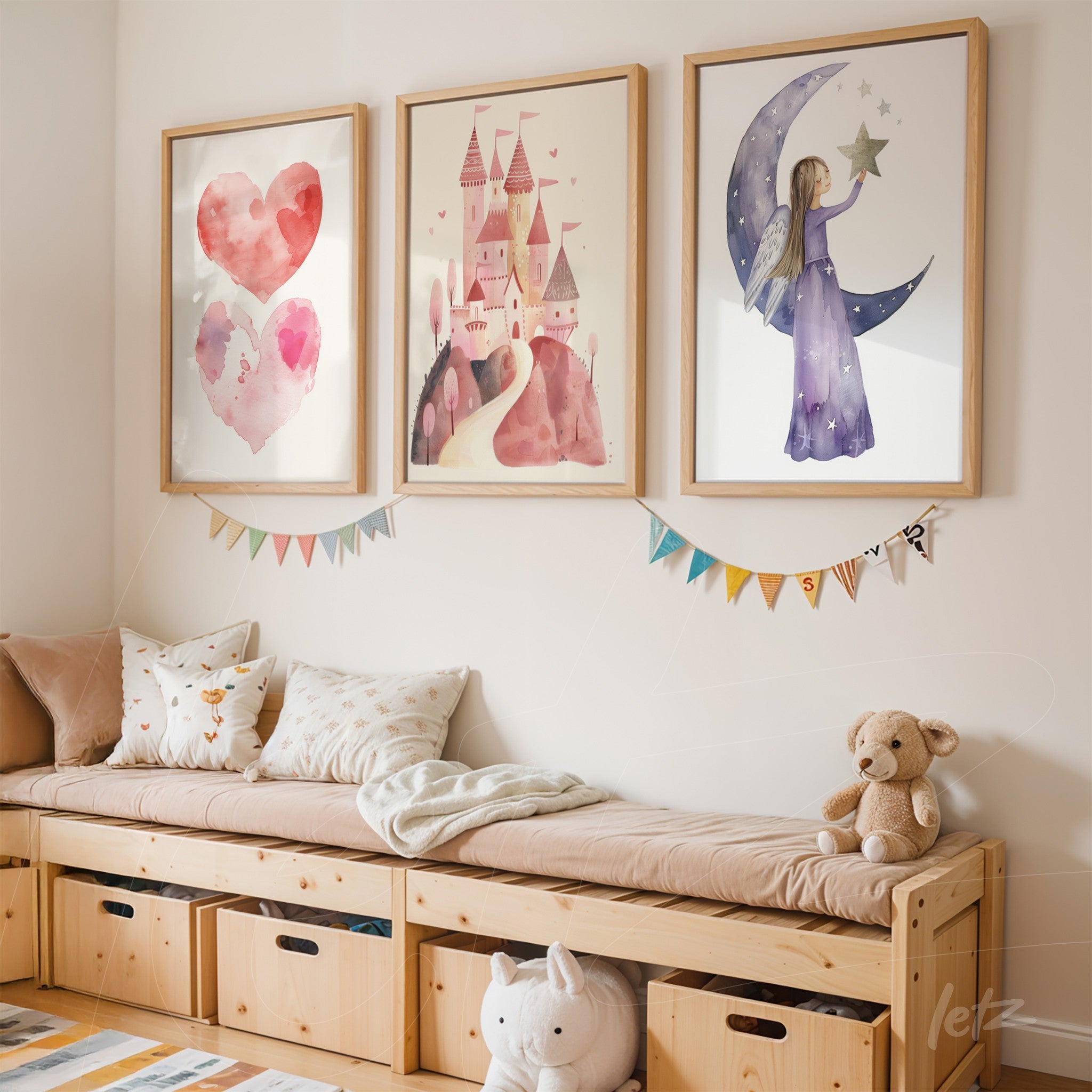 set of decorative art prints featuring children's illustrations on a light wall, including watercolor hearts, a magical castle, and a female figure with stars