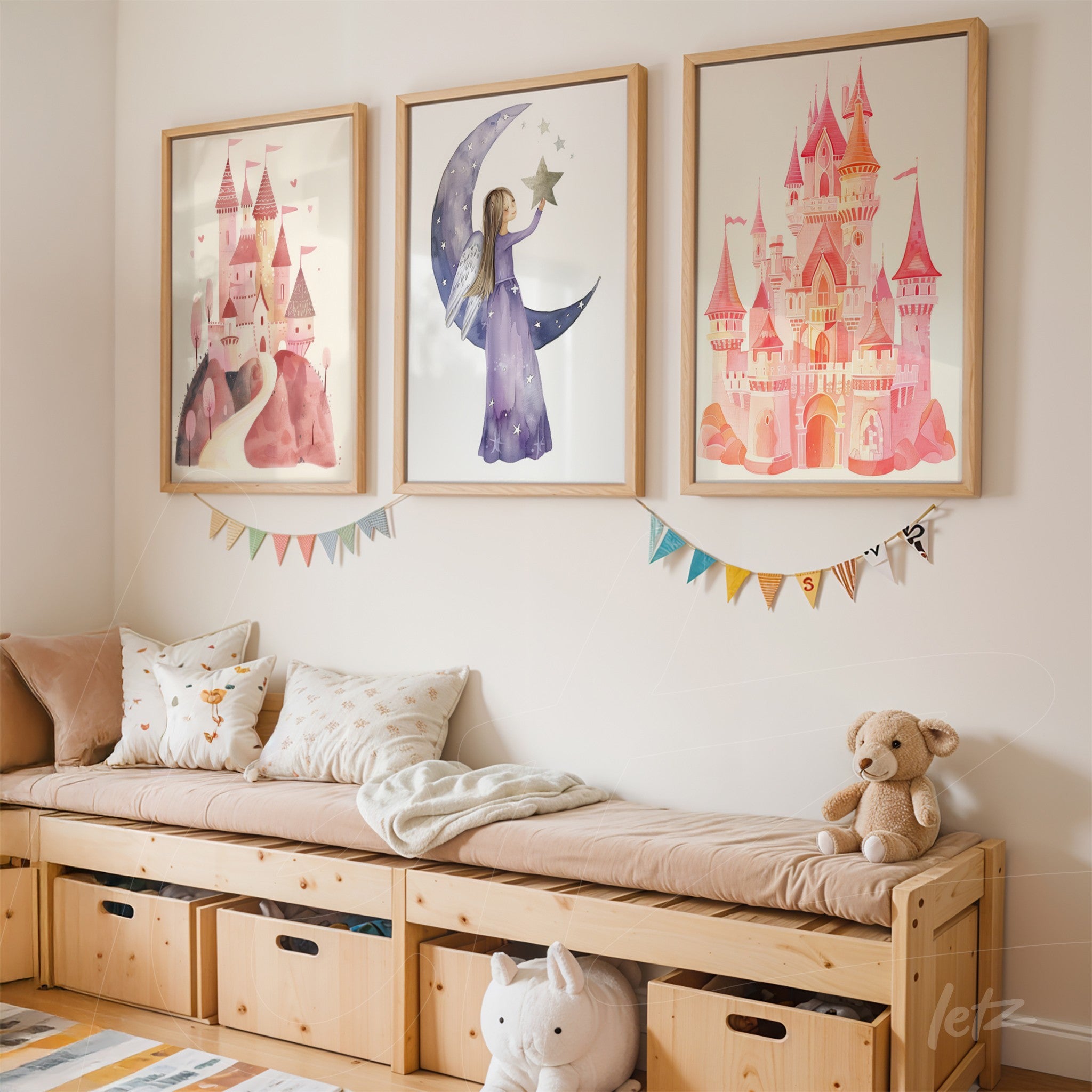 set of framed illustrations featuring castles and a magical girl on pastel backgrounds in white frames