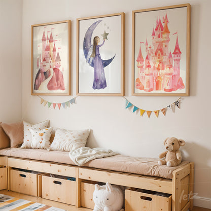 set of framed illustrations featuring castles and a magical girl on pastel backgrounds in white frames