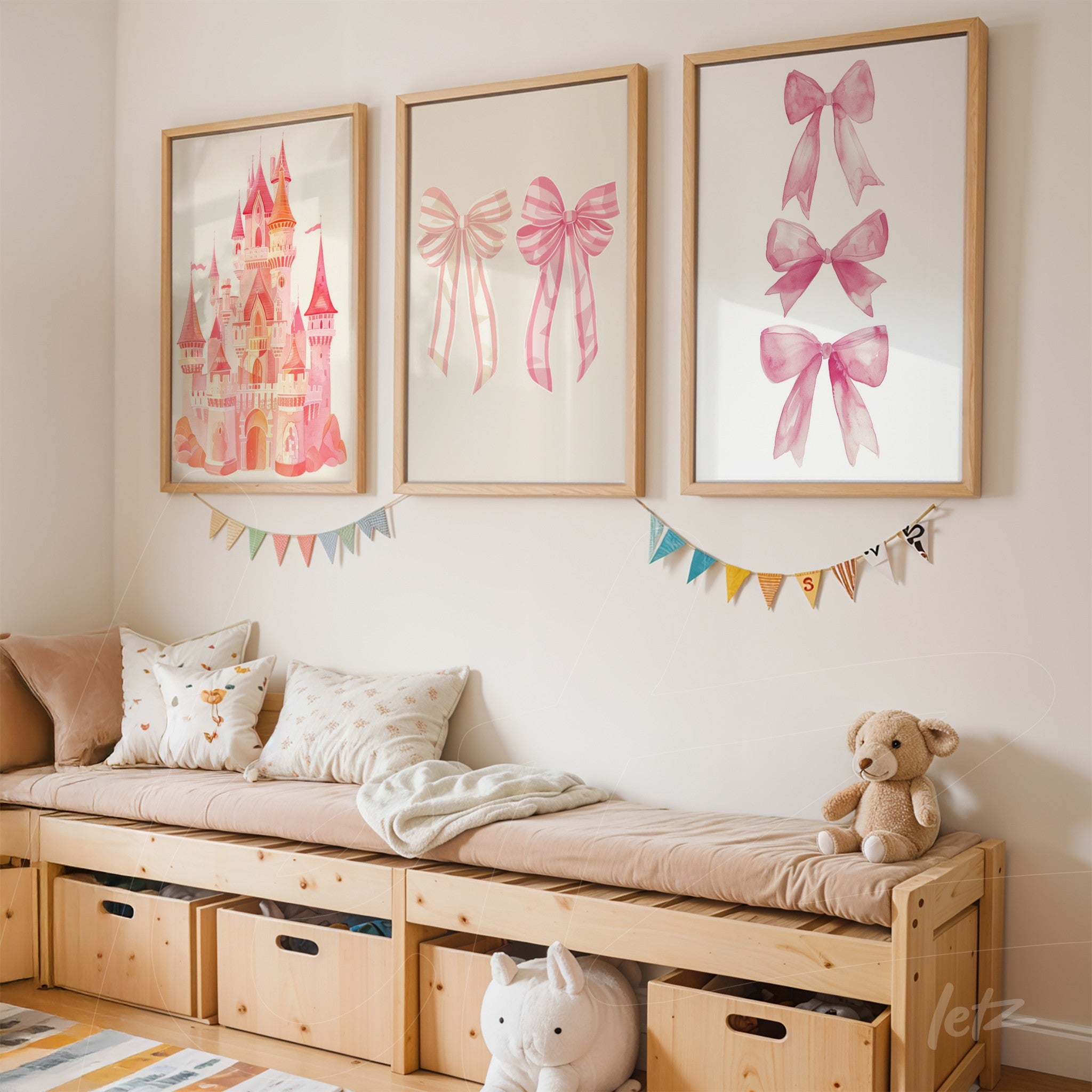 composition with three framed decorative prints showcasing delicate illustrations of a pink castle, watercolor bows, and minimalist bows against a neutral wall