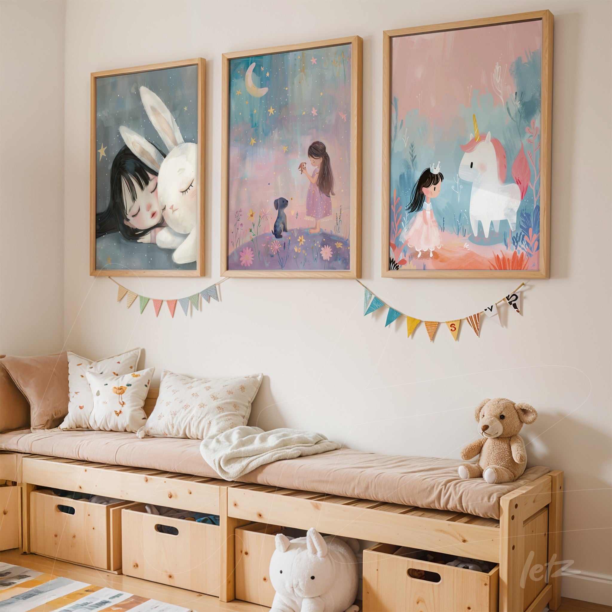 collection of kids' wall art featuring illustrations of a rabbit, a girl, and a unicorn in light wood frames on a neutral wall