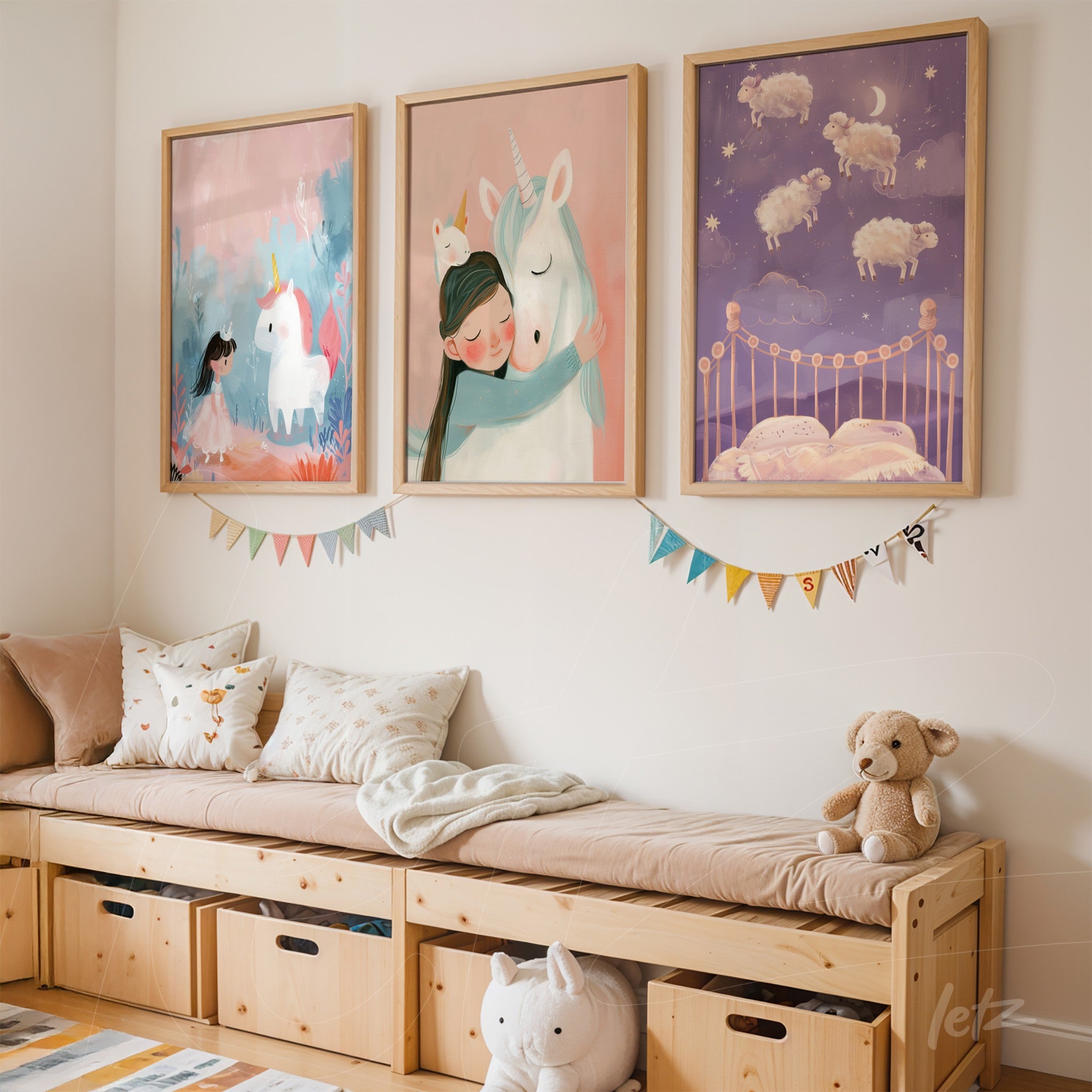 collection of children’s frames featuring unicorns in light wooden frames displayed above a wooden bench in a child's room