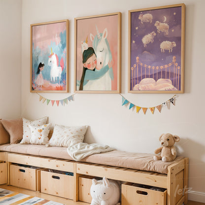 collection of children’s frames featuring unicorns in light wooden frames displayed above a wooden bench in a child's room
