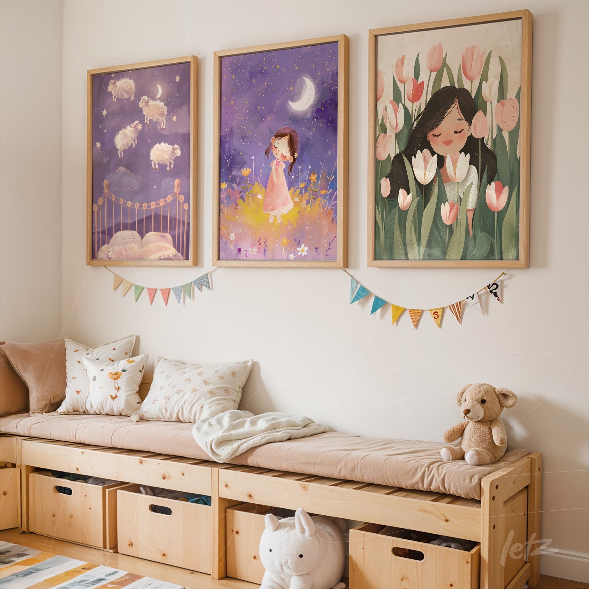 three framed illustrations in light wood featuring sheep, a girl in a pink dress, and pink and white flowers, displayed over a wooden bench with assorted colorful cushions