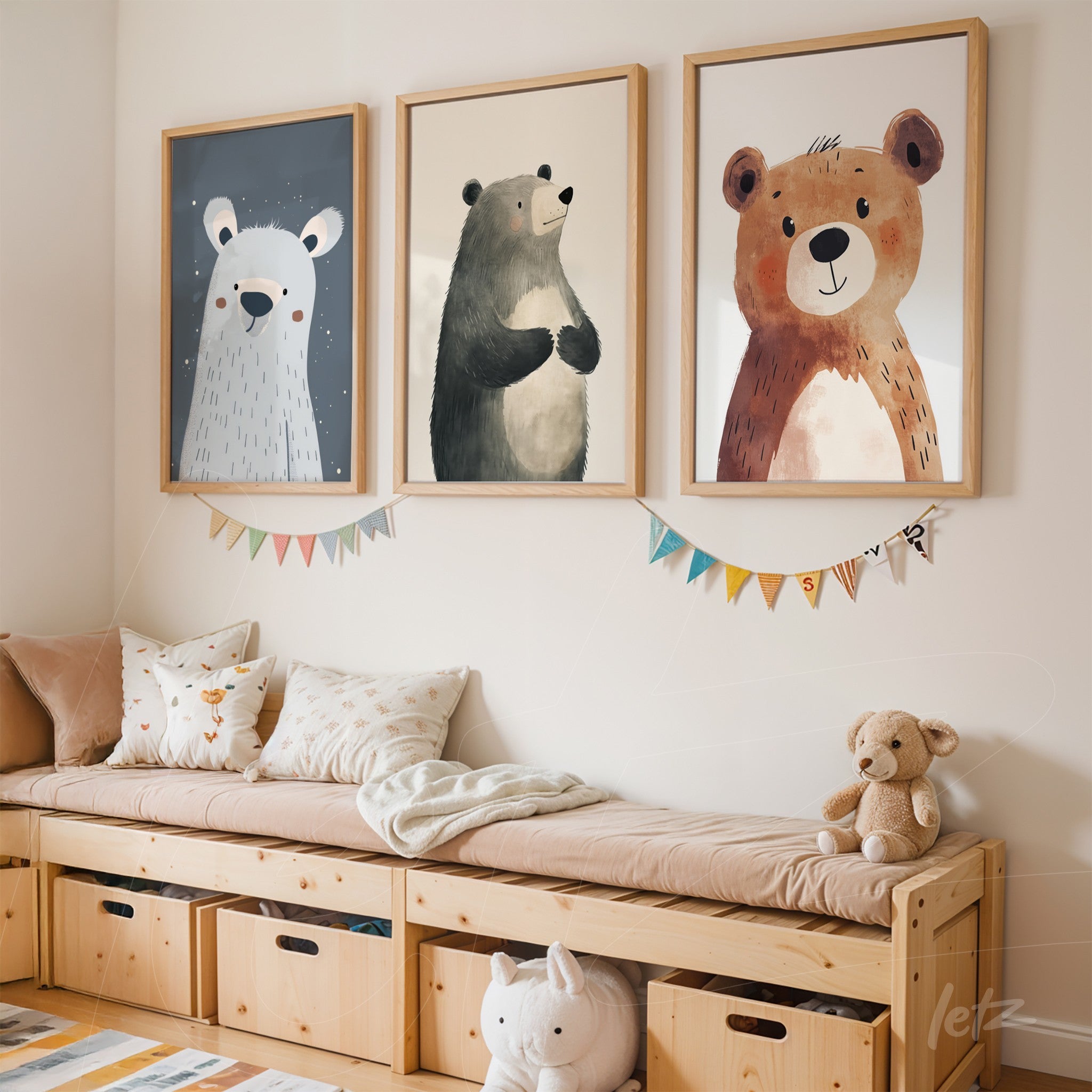 set of three children's style bear prints with light wood frames displayed above a wooden bench in a kids' room